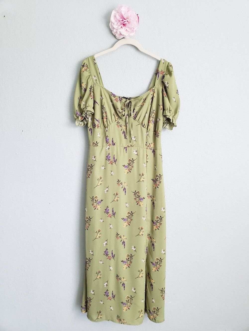 Hesperus Green Floral Tie-Front Puff Sleeve Midi Dress